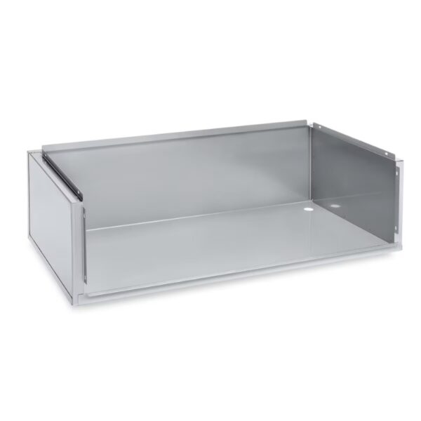 Metal storage drawer with a sleek silver finish, designed for organizing tools or equipment. Ideal for industrial and commercial use.