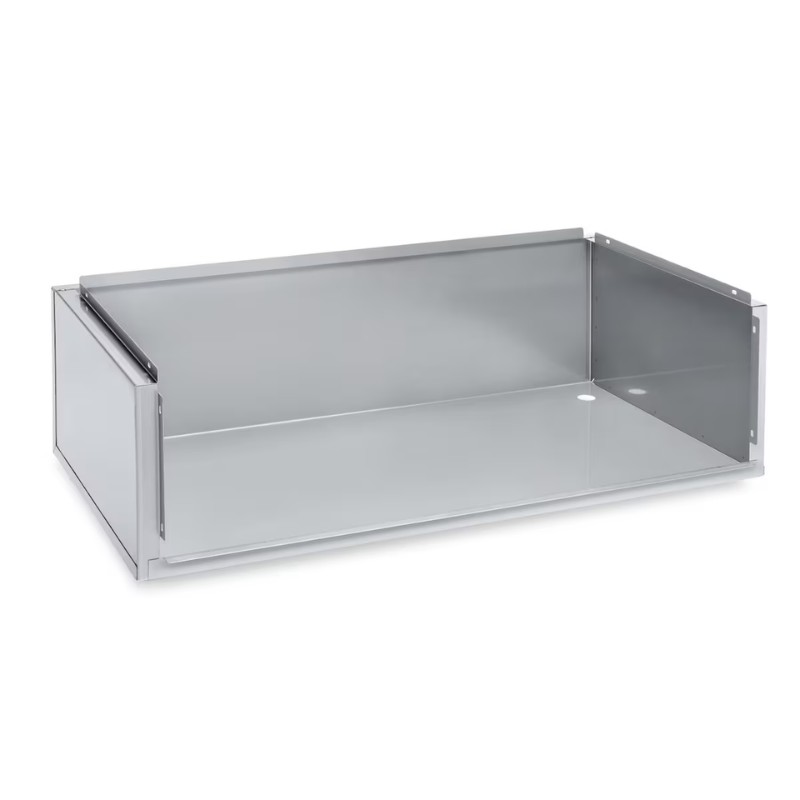 Metal storage drawer with a sleek silver finish, designed for organizing tools or equipment. Ideal for industrial and commercial use.