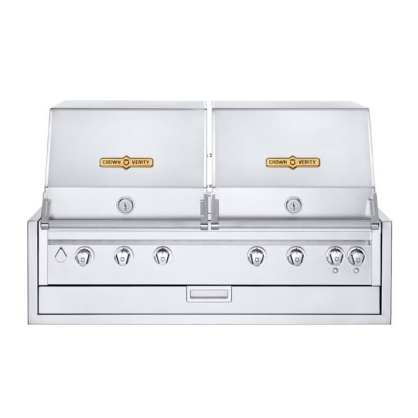 Stainless steel outdoor grill with dual cooking compartments, five control knobs, and a sleek design, ideal for barbecuing and outdoor cooking.