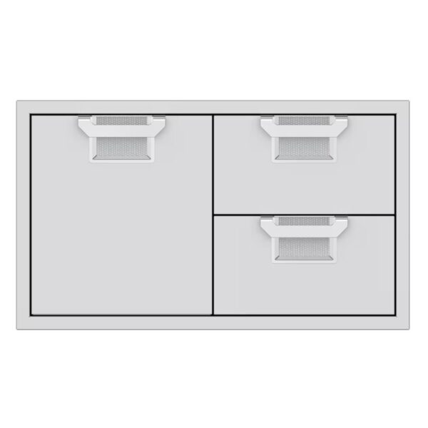 Modern gray storage cabinet with three drawers, featuring a sleek design and mesh handles for easy access. Ideal for organizing various items in home or office settings.