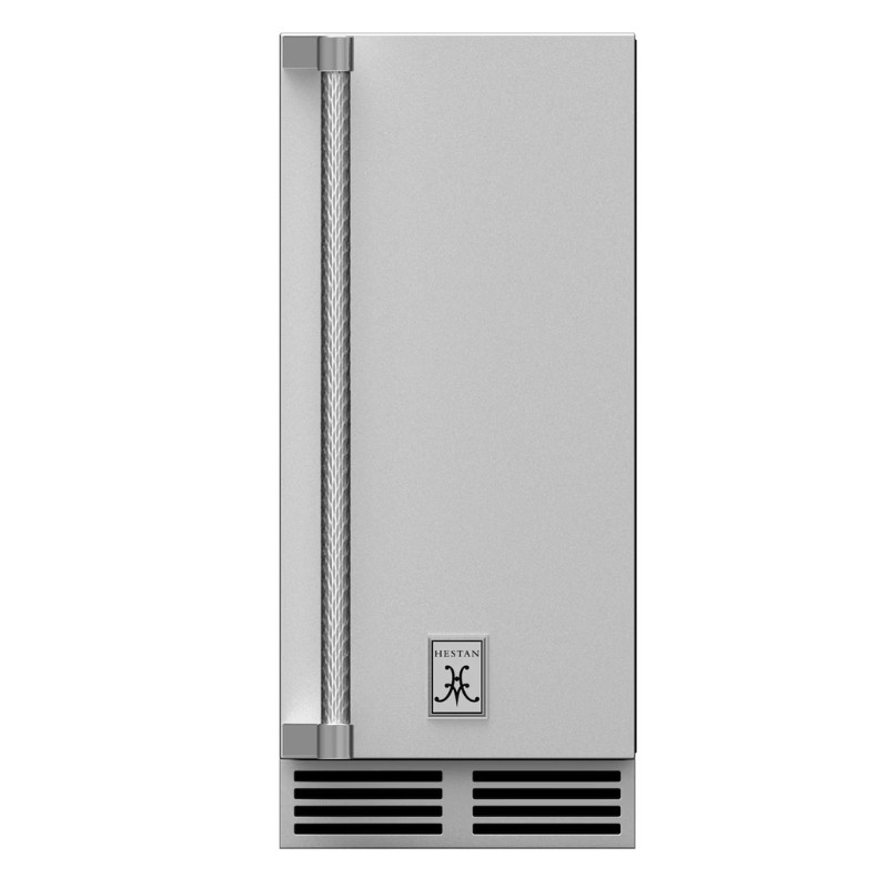 Stainless steel outdoor refrigerator with a sleek design, featuring a stylish handle and ventilation grille at the bottom, ideal for outdoor kitchens.
