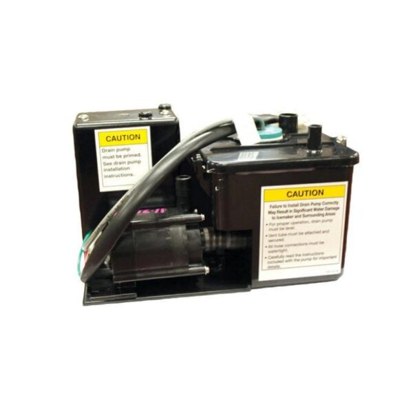 Drain pump with caution labels, showcasing installation instructions and safety warnings for proper use and maintenance.