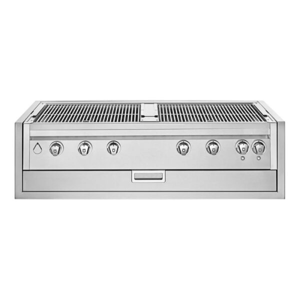 Stainless steel outdoor grill with multiple burners and a grease tray, designed for efficient cooking and grilling.