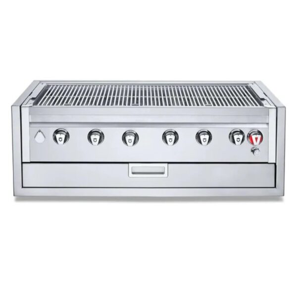 Stainless steel outdoor grill with a spacious cooking surface and multiple knobs for heat control, designed for high-performance grilling.