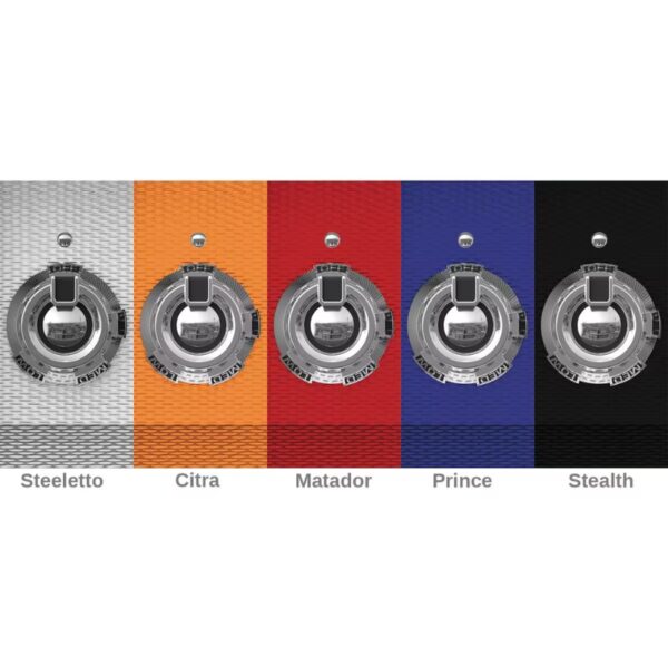 Five colorful knobs in silver, orange, red, blue, and black, displayed on a textured background, labeled Steeleto, Citra, Matador, Prince, and Stealth.