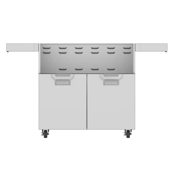 Commercial kitchen refrigerator with dual doors and a stainless steel finish, featuring a flat top surface and wheels for mobility.