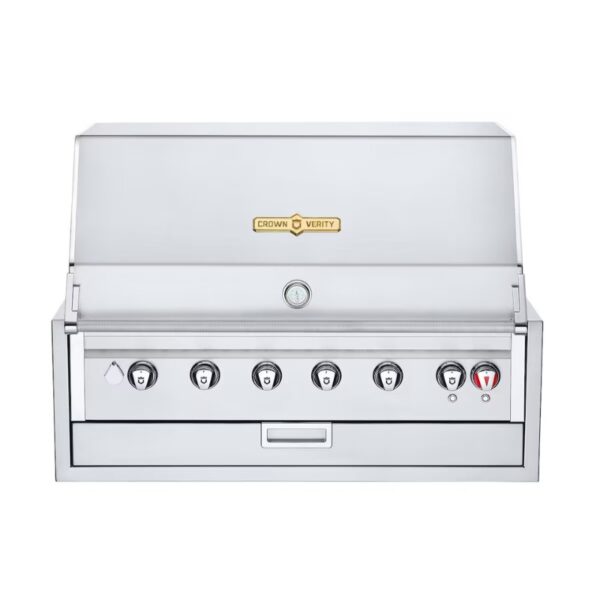 Stainless steel Crown Verity outdoor gas grill with six burners, temperature gauge, and storage drawer, designed for high-performance grilling.