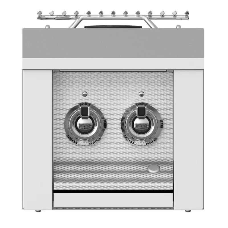 Dual-burner gas stove with a sleek silver design, featuring two control knobs and a storage compartment below. Ideal for modern kitchens and outdoor cooking.