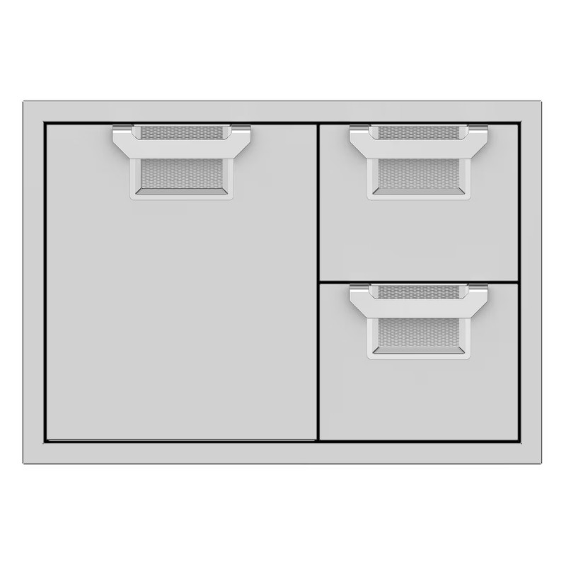Gray storage cabinet with three mesh handle drawers and compartments, designed for organizational purposes in home or office settings.