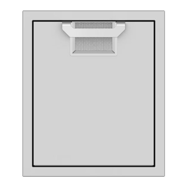Sleek stainless steel cabinet door with a mesh handle, designed for modern kitchen interiors.