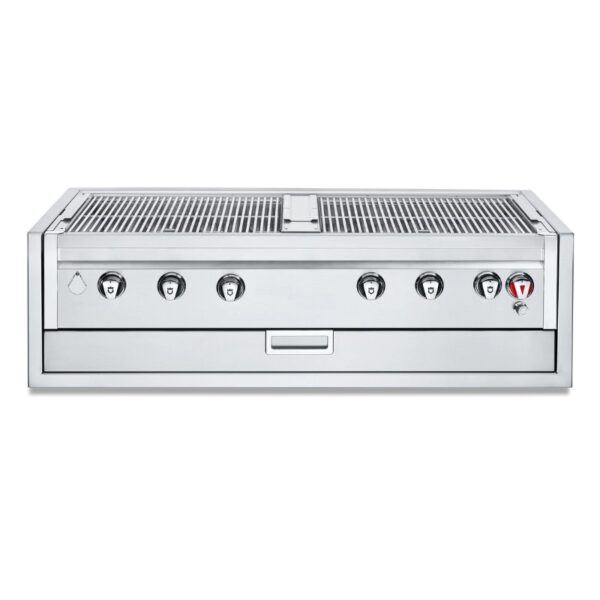 Stainless steel gas grill with multiple control knobs and a pull-out drawer, designed for outdoor cooking.