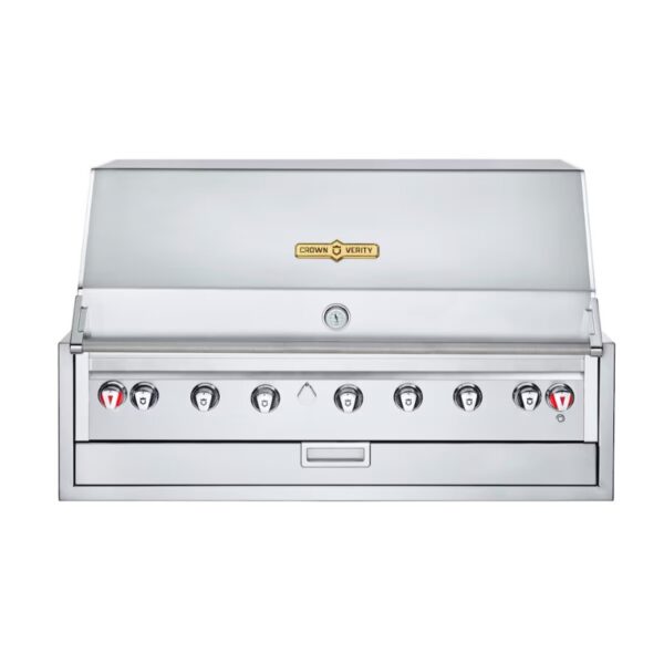 Stainless steel Crown Verity outdoor grill with multiple control knobs and sleek design, ideal for cooking and entertaining.