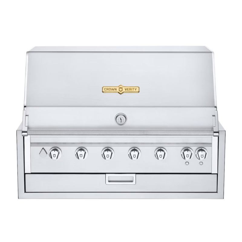 c1e2b406-1adf-45a7-bad8-f189fe29e3fe.jpg Stainless steel Crown Verity outdoor gas grill with five control knobs and a storage drawer, showcasing a sleek and modern design.