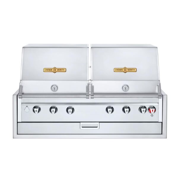 Stainless steel outdoor grill with dual lids and multiple control knobs for temperature regulation, featuring a sleek design and a storage drawer. Ideal for barbecues and outdoor cooking.