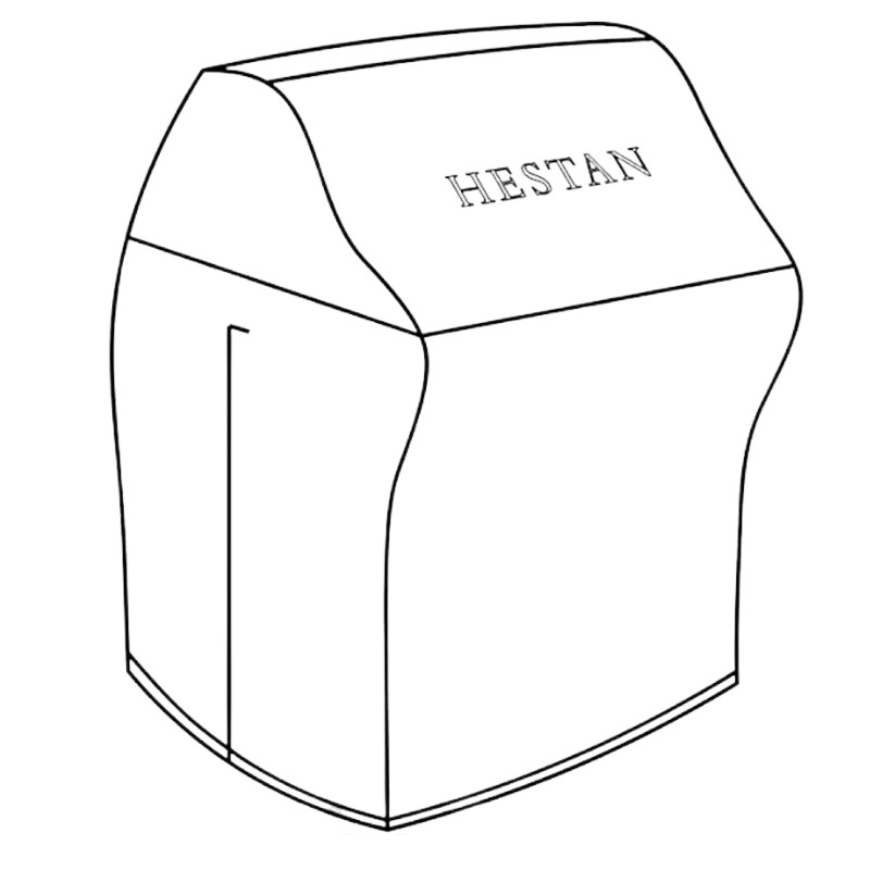 Stylized line drawing of a Hestan kitchen appliance, featuring a sleek, modern design.