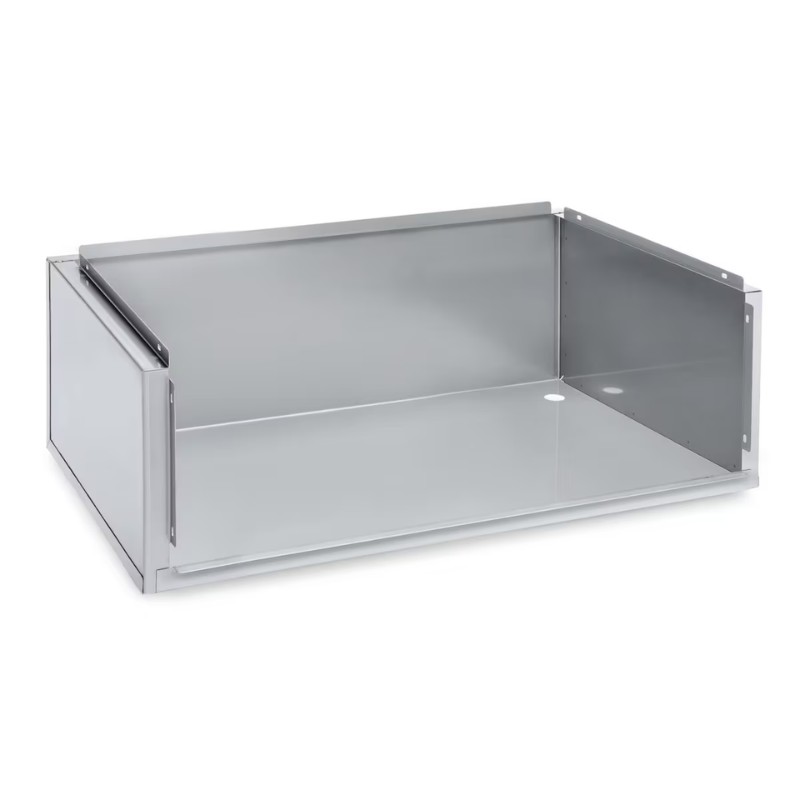 Metal storage drawer with an open design, featuring a sleek silver finish, ideal for organizing items efficiently.