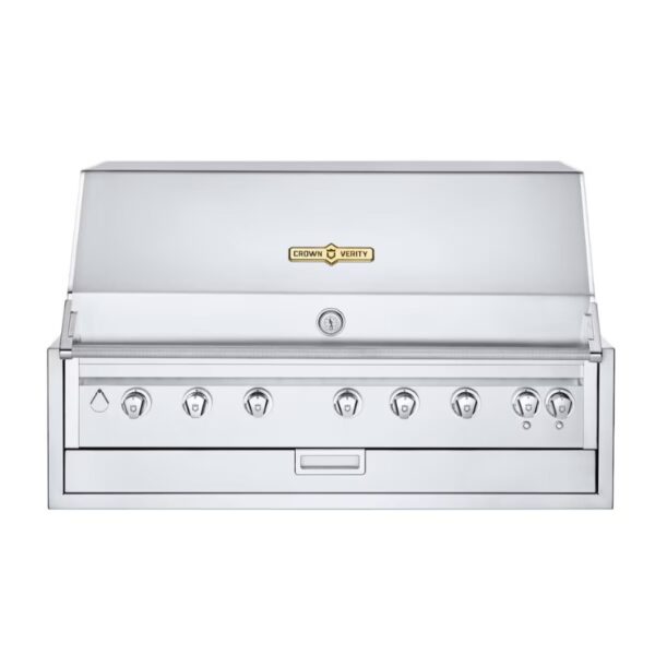 Stainless steel outdoor grill with six adjustable burners and a spacious cooking surface.