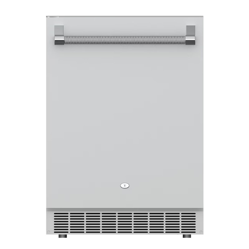 daa12040-7680-4f9e-aae8-4af41238d83b.jpg Compact stainless steel outdoor refrigerator with a sleek design and a built-in handle, featuring a ventilation grill at the bottom.