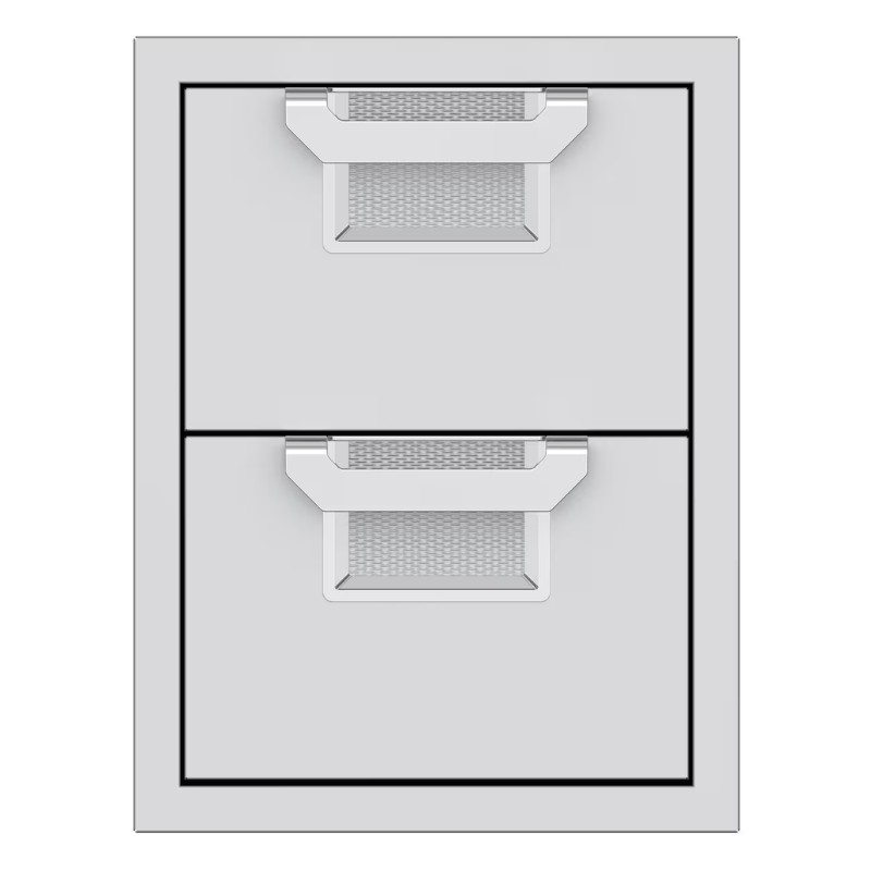 Two-drawer metal filing cabinet with mesh handles and a sleek design, ideal for office organization and storage.