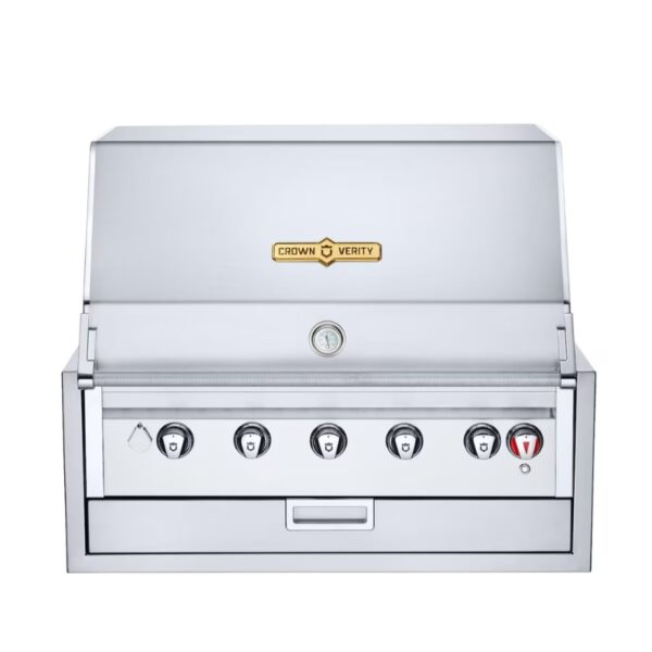 Stainless steel Crown Verity outdoor gas grill featuring five control knobs, a built-in thermometer, and a storage drawer. Perfect for grilling enthusiasts.