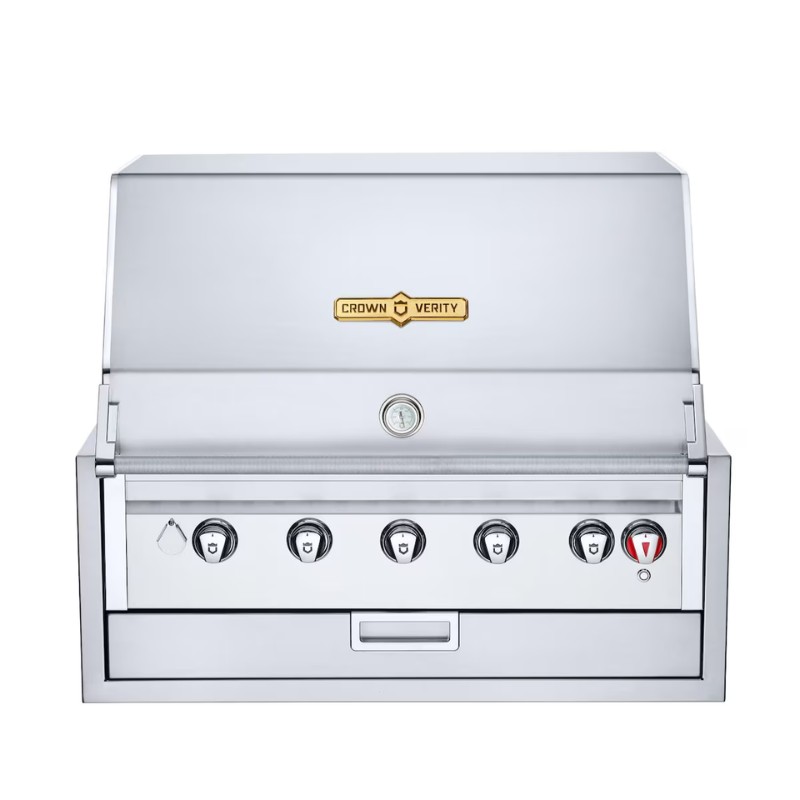 e150f19b-99de-4c0d-899c-4ba504af4b7b.jpg Stainless steel Crown Verity outdoor gas grill featuring five control knobs, a built-in thermometer, and a storage drawer. Perfect for grilling enthusiasts.