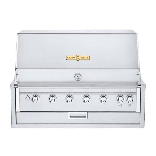 Stainless steel Crown Verity gas grill with five control knobs and a storage drawer, designed for outdoor cooking.