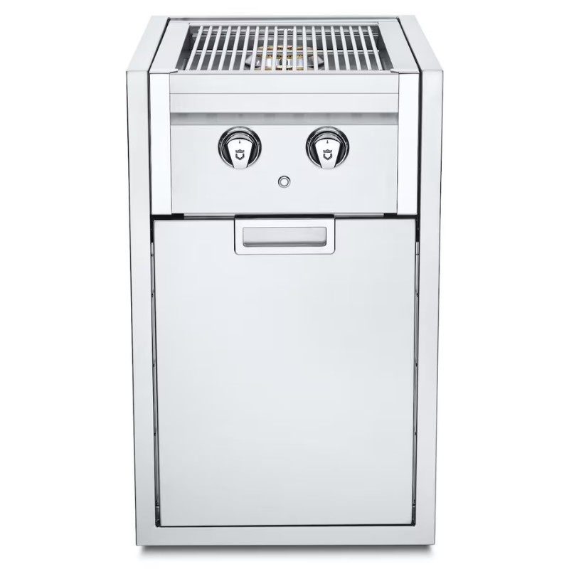 Stainless steel outdoor grill with dual knobs and a storage drawer, designed for efficient cooking and convenience.