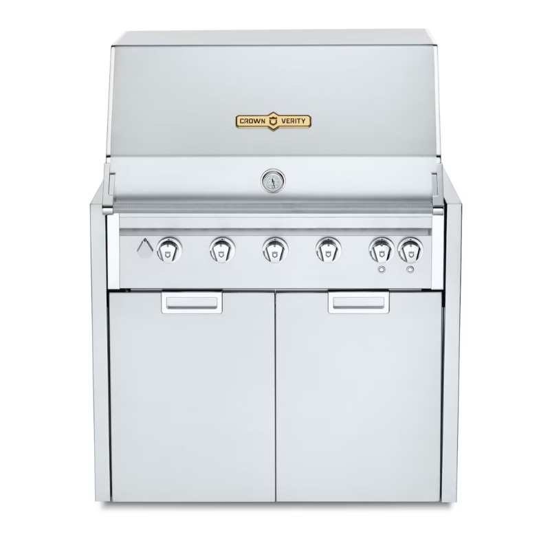 04690086-3d17-40ce-970d-f45b344bfaa5.jpg Stainless steel outdoor gas grill with five burners and storage cabinets, featuring a temperature gauge and sleek design.