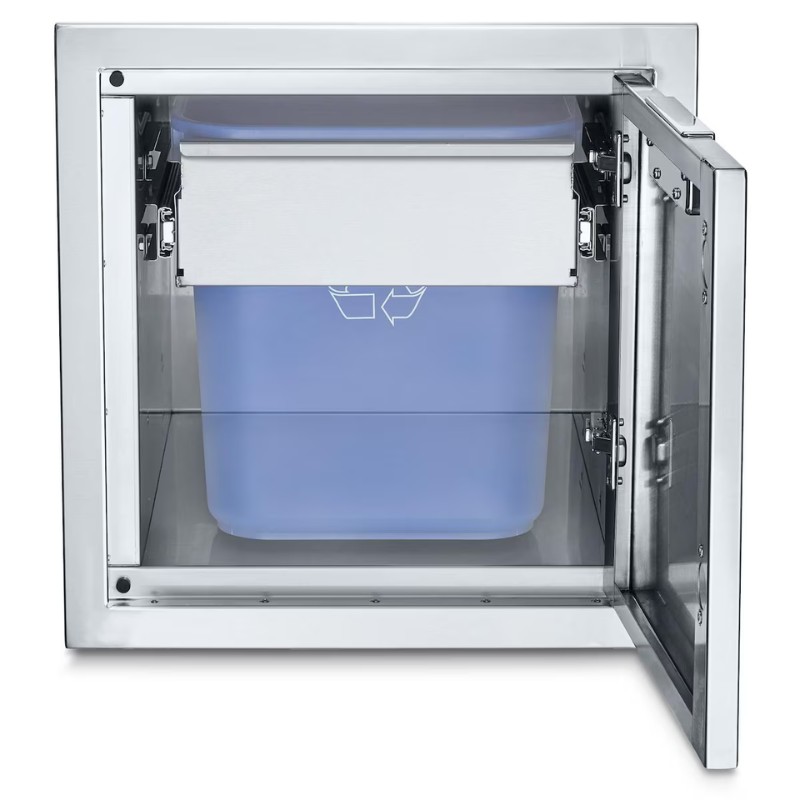 Stainless steel outdoor kitchen trash drawer with a blue recycling bin inside, featuring a sleek, modern design.