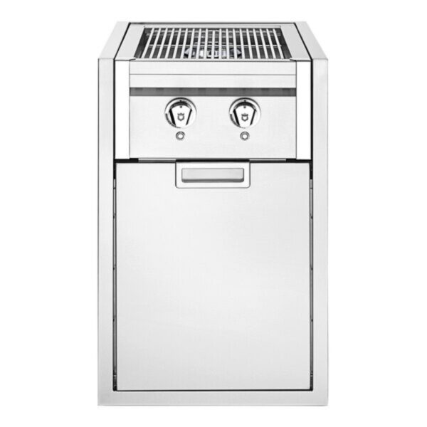 Stainless steel outdoor grill with dual temperature controls and a sleek storage compartment, designed for efficient cooking and durability.