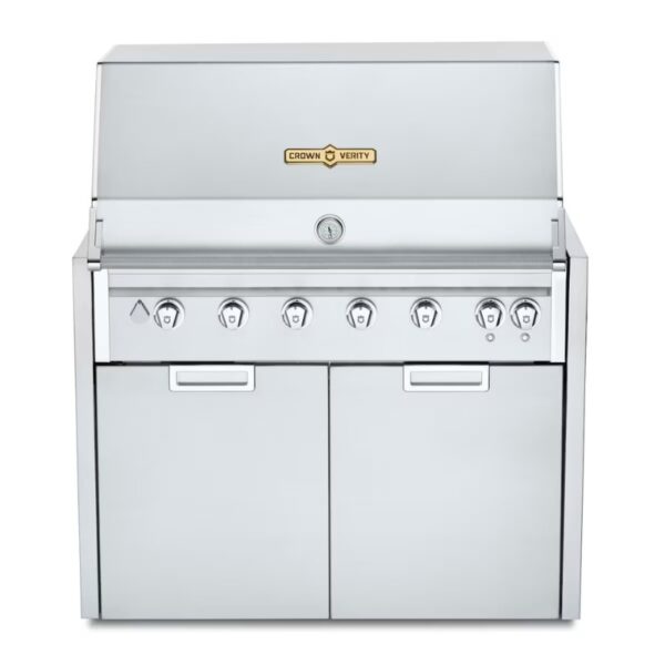 Stainless steel outdoor gas grill with five burner knobs and two storage cabinets, featuring a sleek design and a temperature gauge.