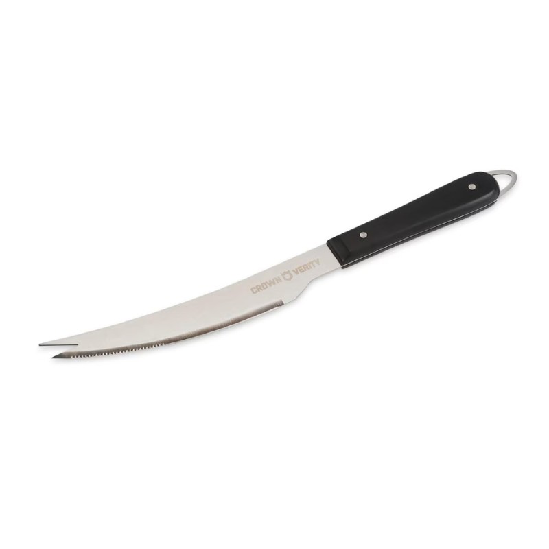 11db0bf4-5ec1-4c57-af25-ebc0b1b0030b.jpg Stainless steel carving knife with a curved blade and a black ergonomic handle, ideal for slicing meats.