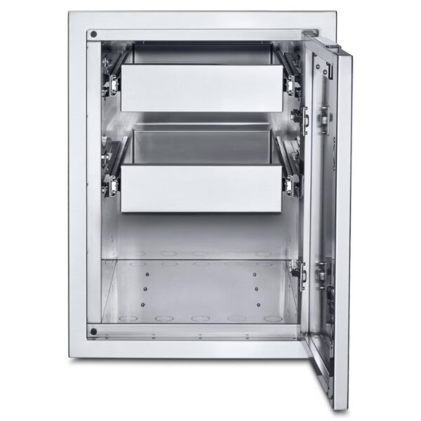 Stainless steel outdoor refrigerator with an open door and two pull-out drawers, showcasing ample storage space for food and beverages.