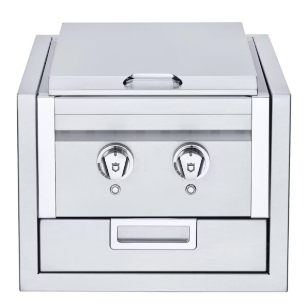 Stainless steel built-in grill with dual temperature controls and a storage drawer for outdoor cooking.