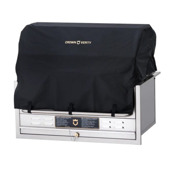 Crown Verity stainless steel grill with a protective black cover, showcasing durability and outdoor cooking readiness.
