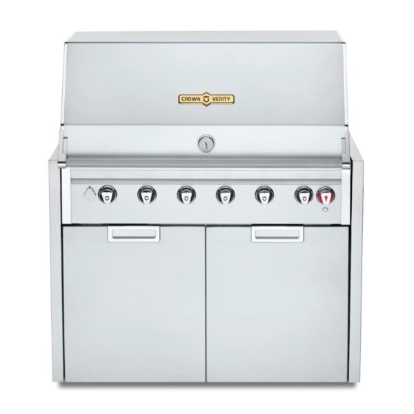 Stainless steel gas grill featuring six control knobs, a built-in thermometer, and double storage doors, designed for outdoor cooking.