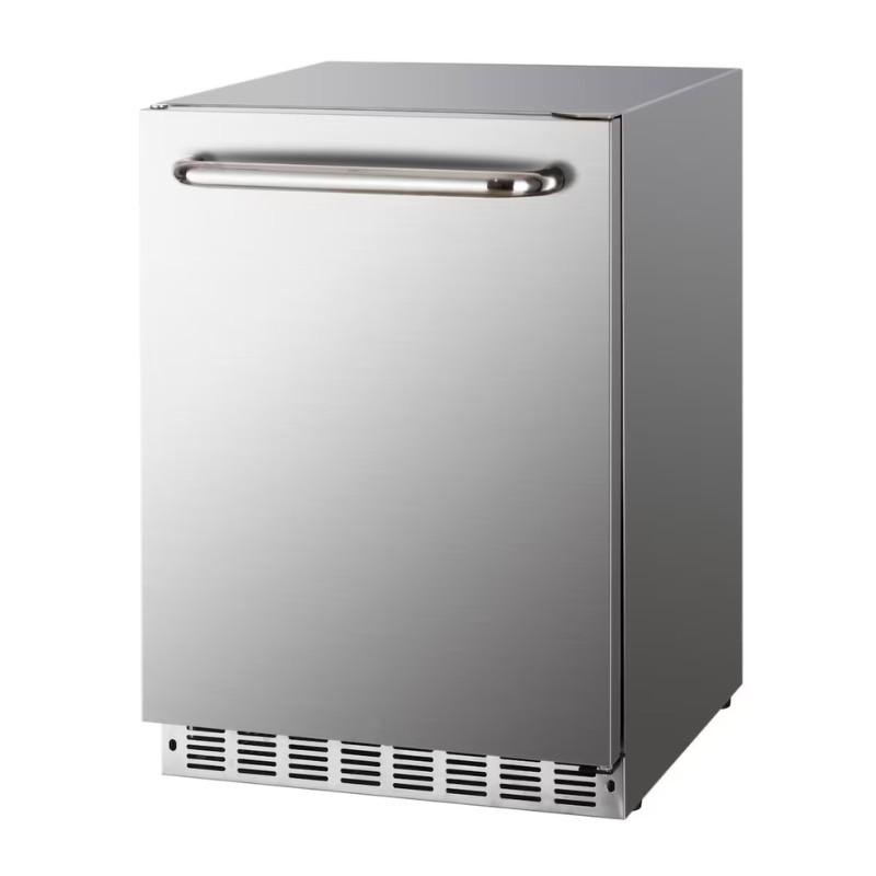 Stainless steel compact refrigerator with a single door and sleek handle, designed for under-counter or small space placement.