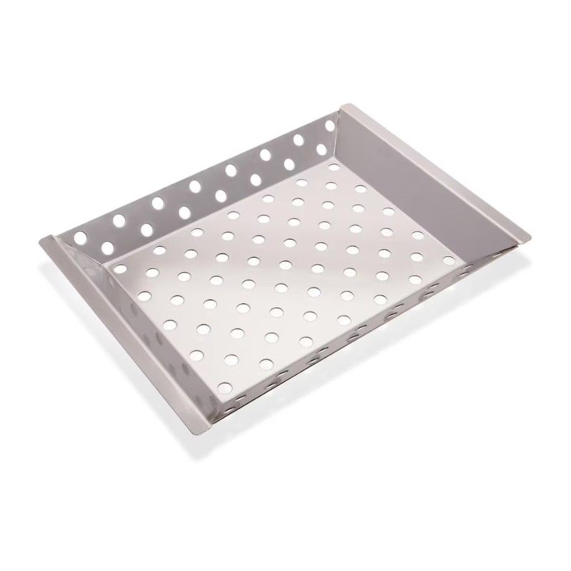 3370f3d8-0523-4669-8ca6-4ea38b776298.jpg Stainless steel grill tray with perforated holes designed for cooking vegetables and smaller items on the grill.