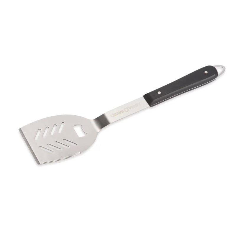 Stainless steel grilling spatula with a slotted design and a comfortable black handle, ideal for flipping burgers and handling grilled foods.