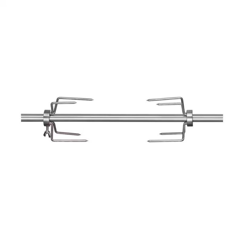 Stainless steel rotisserie spit with four prongs, designed for grilling and cooking large cuts of meat evenly.
