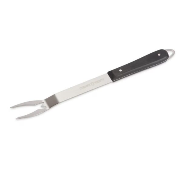 Stainless steel grilling fork with a black handle, designed for easy food manipulation and serving.