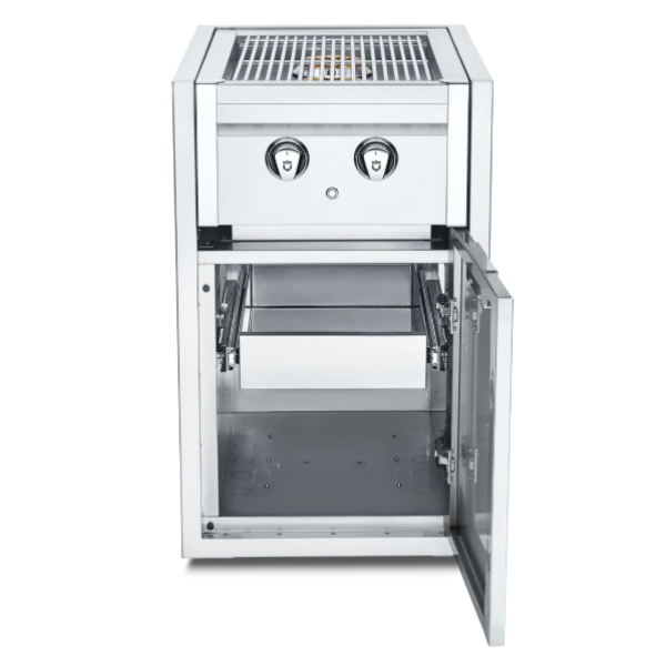 Stainless steel outdoor grill with dual burners and a storage drawer, designed for efficient cooking and easy access.