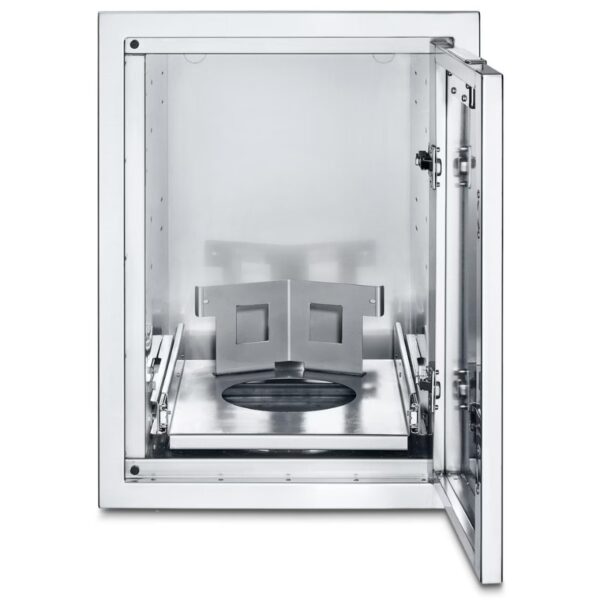 Stainless steel commercial oven with an open door, showcasing a removable tray and metal base for grilling or baking.