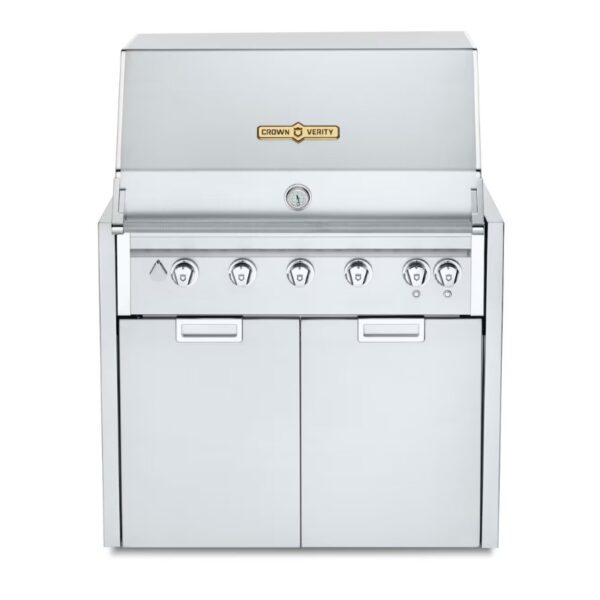 Stainless steel outdoor grill with five burners, a front control panel, and two storage cabinets beneath.