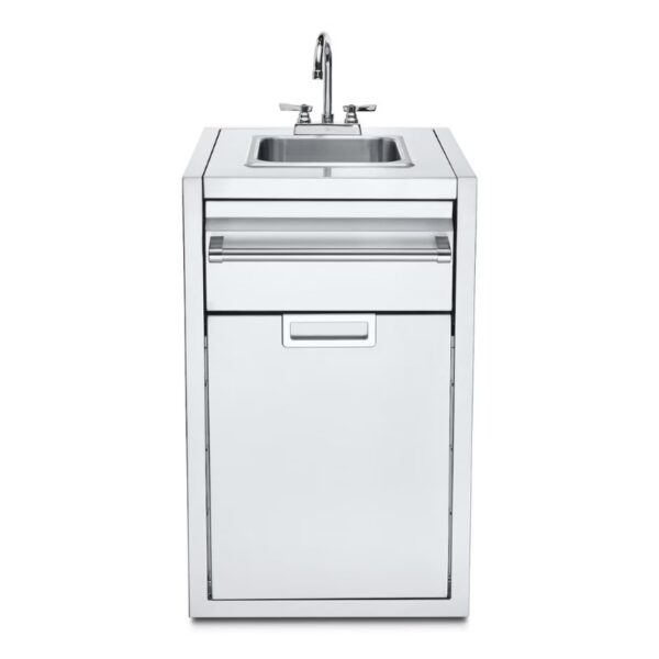 Modern stainless steel outdoor kitchen sink with a single basin, high-arch faucet, and storage drawers underneath.