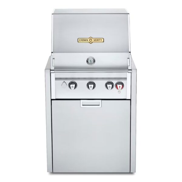 Stainless steel gas grill from Crown Verity featuring a lid, temperature gauge, and multiple burners for outdoor cooking.
