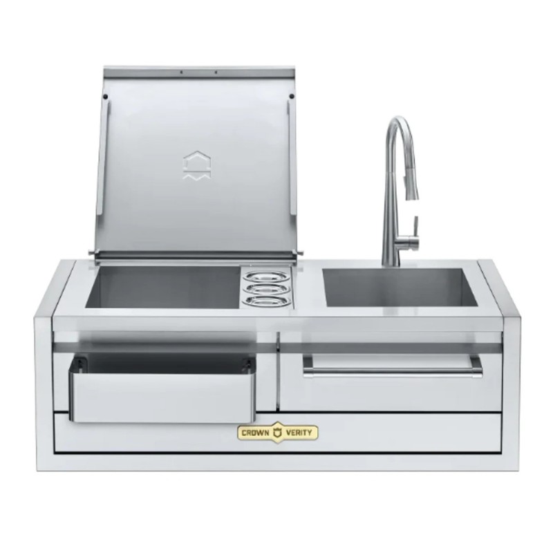 Stainless steel outdoor kitchen unit featuring a sink, cooking surface with three burners, and storage drawers.