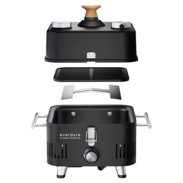 Portable black grill with wooden handle, detachable top and grilling plate, featuring a sleek modern design and adjustable temperature control. Ideal for outdoor cooking.