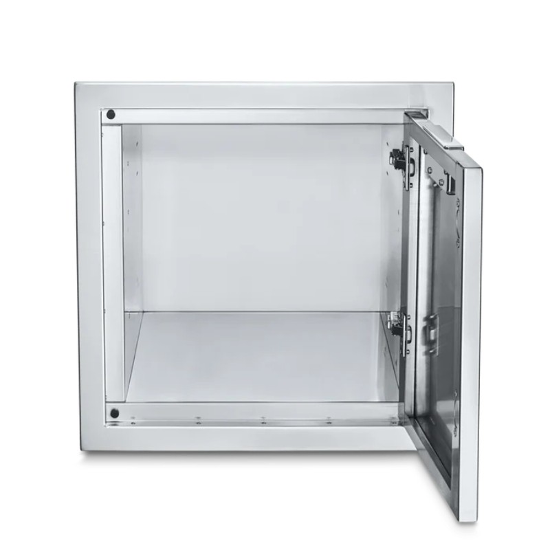 Interior view of a stainless steel safe with an open door, showcasing the empty compartment and sturdy construction.