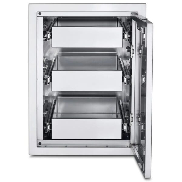 Stainless steel drawer refrigerator with four spacious drawers and a clear front view, ideal for outdoor kitchens and storage.